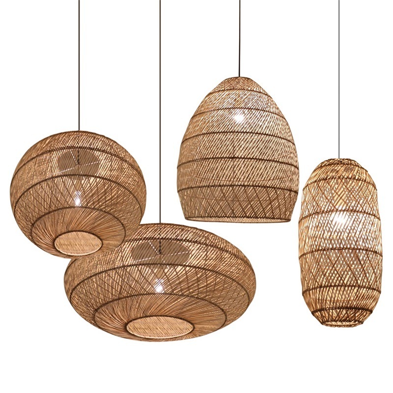 DIY chinese weave rattan wicker bamboo bird cage led lantern lamp pendant light for restaurant cafe