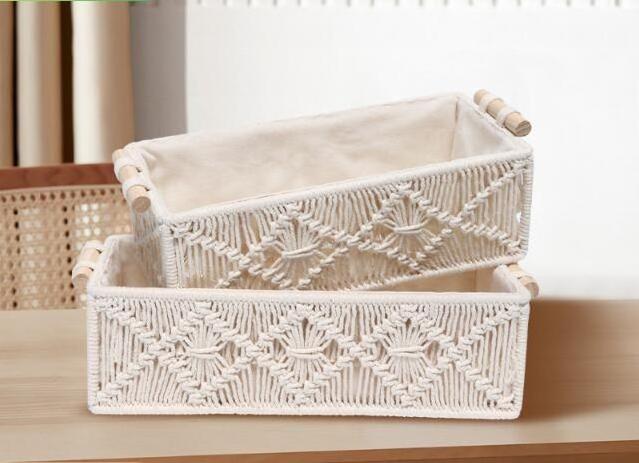 New custom design hand woven square desktop snack storage basket for cosmetics