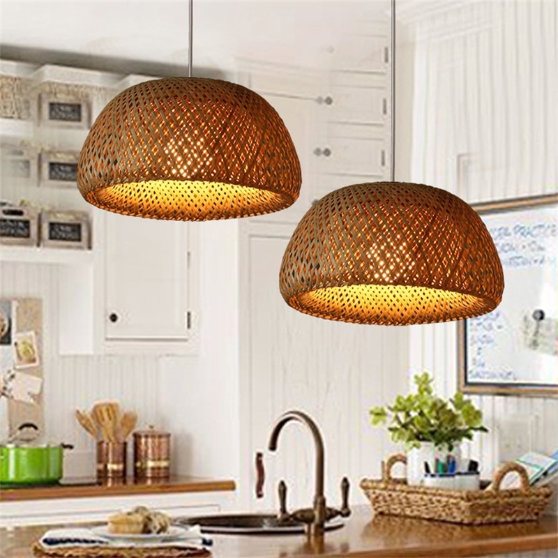 Round bamboo wire pendant lamp LED light lamp for dining room Handmade Bamboo Chandeliers lamp smoke glass pendant lights chrome