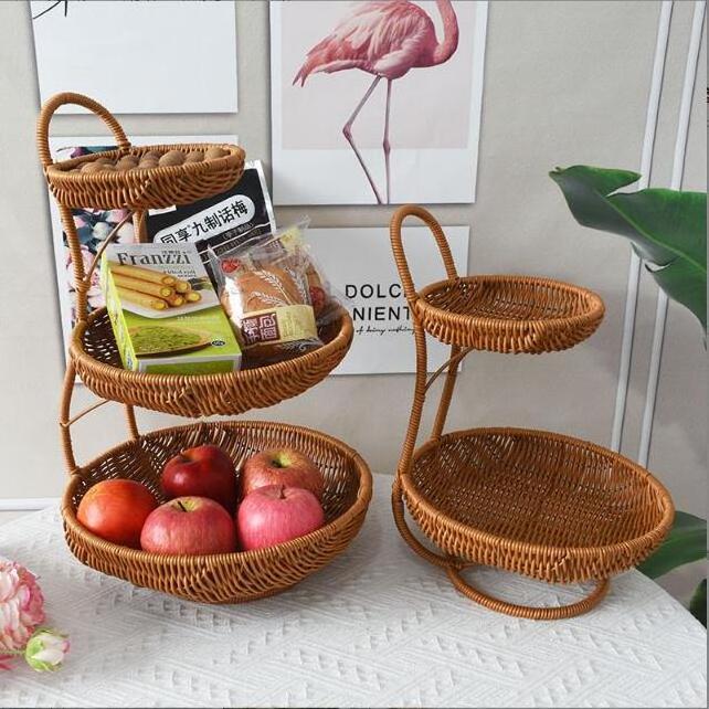 Rattan woven storage basket round multi-layer fruit basket home restaurant kitchen hotel candy snack fruit tray basket