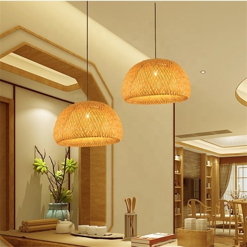 Modern bamboo lamp shade Pendant Hanging Light Industrial-Light Fixture Rustic Ceiling light Chandelier Golden For Bedroom