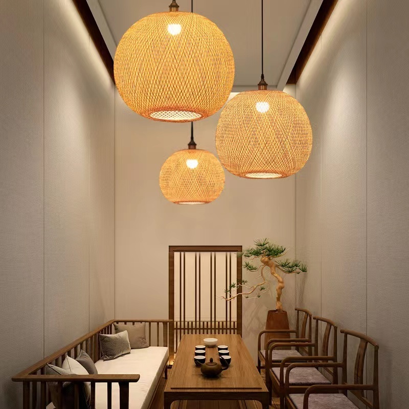 Chinese Wholesale Vendors Farmhouse Raffia Grass Bamboo LampShade Ceiling Bamboo Lights Rustic Rattan Pendant Lamps