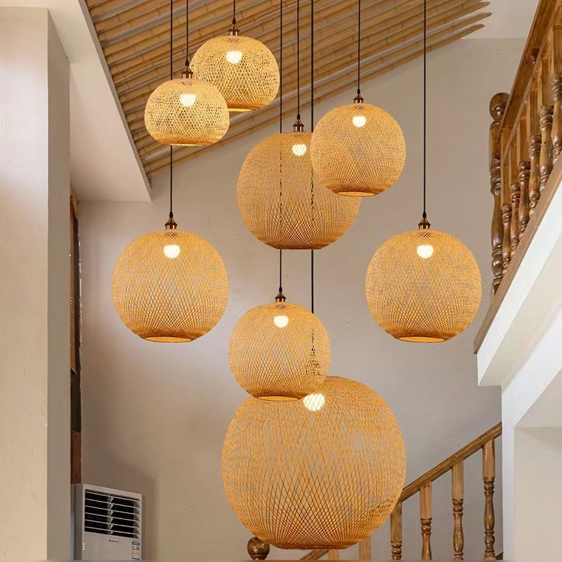 Chinese Wholesale Vendors Farmhouse Raffia Grass Bamboo LampShade Ceiling Bamboo Lights Rustic Rattan Pendant Lamps