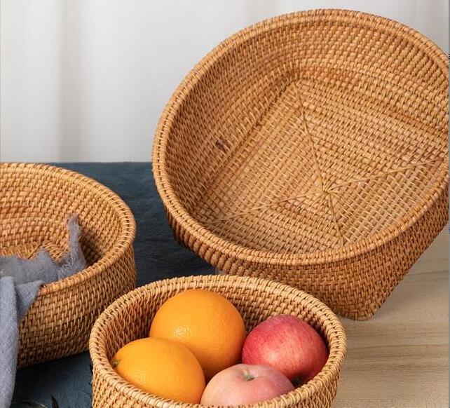 Vintage natural rattan storage fruit baskets with square bottom