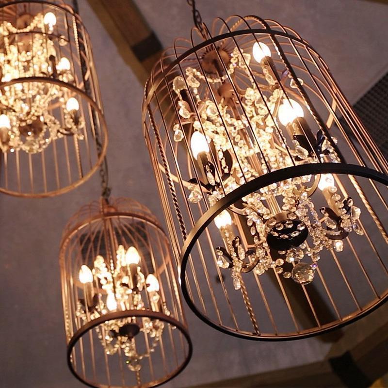 Unique iron wire pendant lamp decorative black bird cage suspension indoor chandelier modern for dinning room , bar, studio