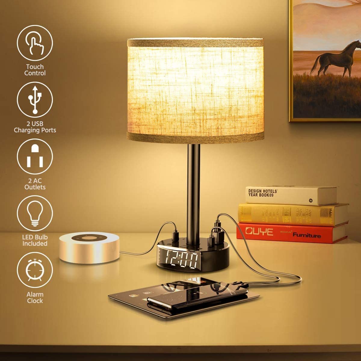 Gray Shade 3 Way Dimmable Bedside Led Table Lamp Charging Station Smart Desk Touch Lamp With Alarm Clock Usb Ports And Outlets