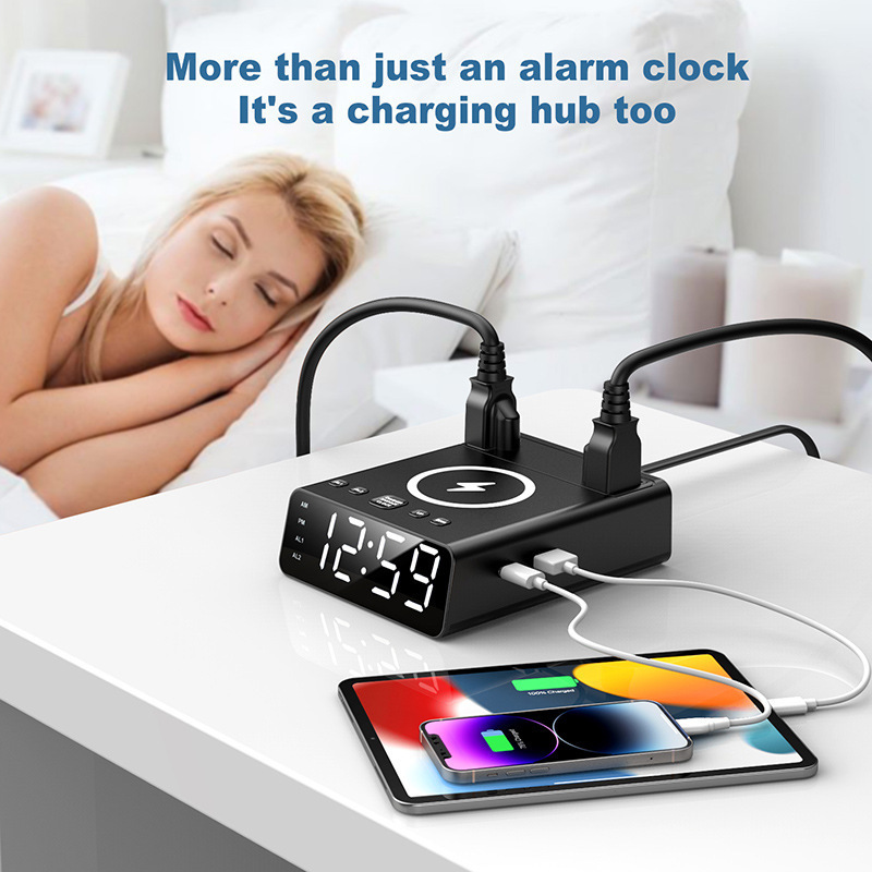 hotel guest room table bedside clock with phone charger ac outlet alarm clock with fast wireless charger 15w