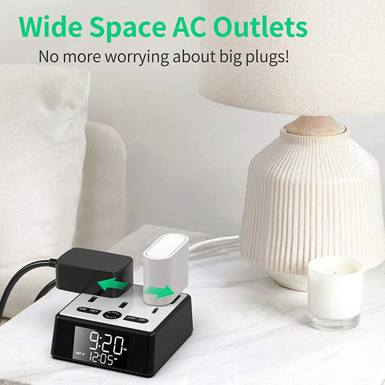 USB Charging Ports AC Power Outlets Alarm Clock Battery Backup for Bedroom Office Hotel Guest Room Office KidsHeavy Sleepers