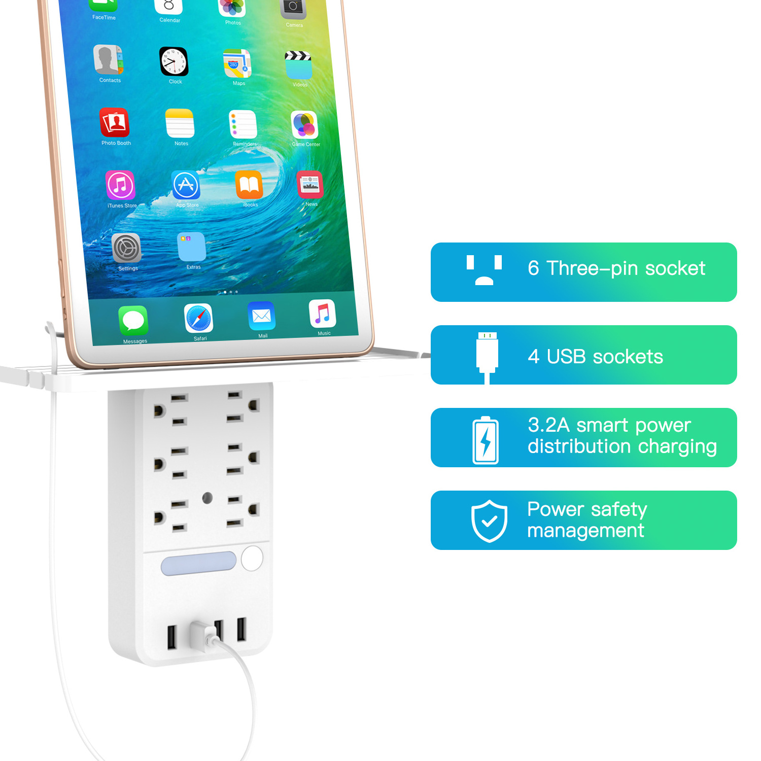 Newest White Surge Protector 6 Outlets 4 USB Ports Smart Wall Socket with Shelf with Night Light