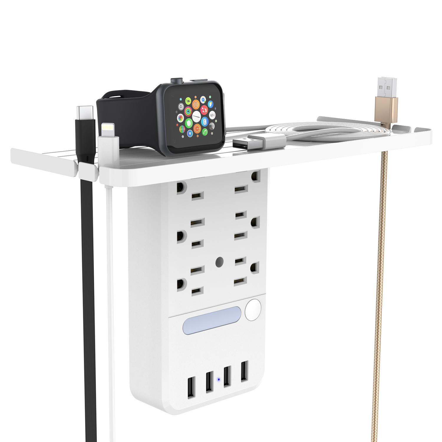 Newest White Surge Protector 6 Outlets 4 USB Ports Smart Wall Socket with Shelf with Night Light