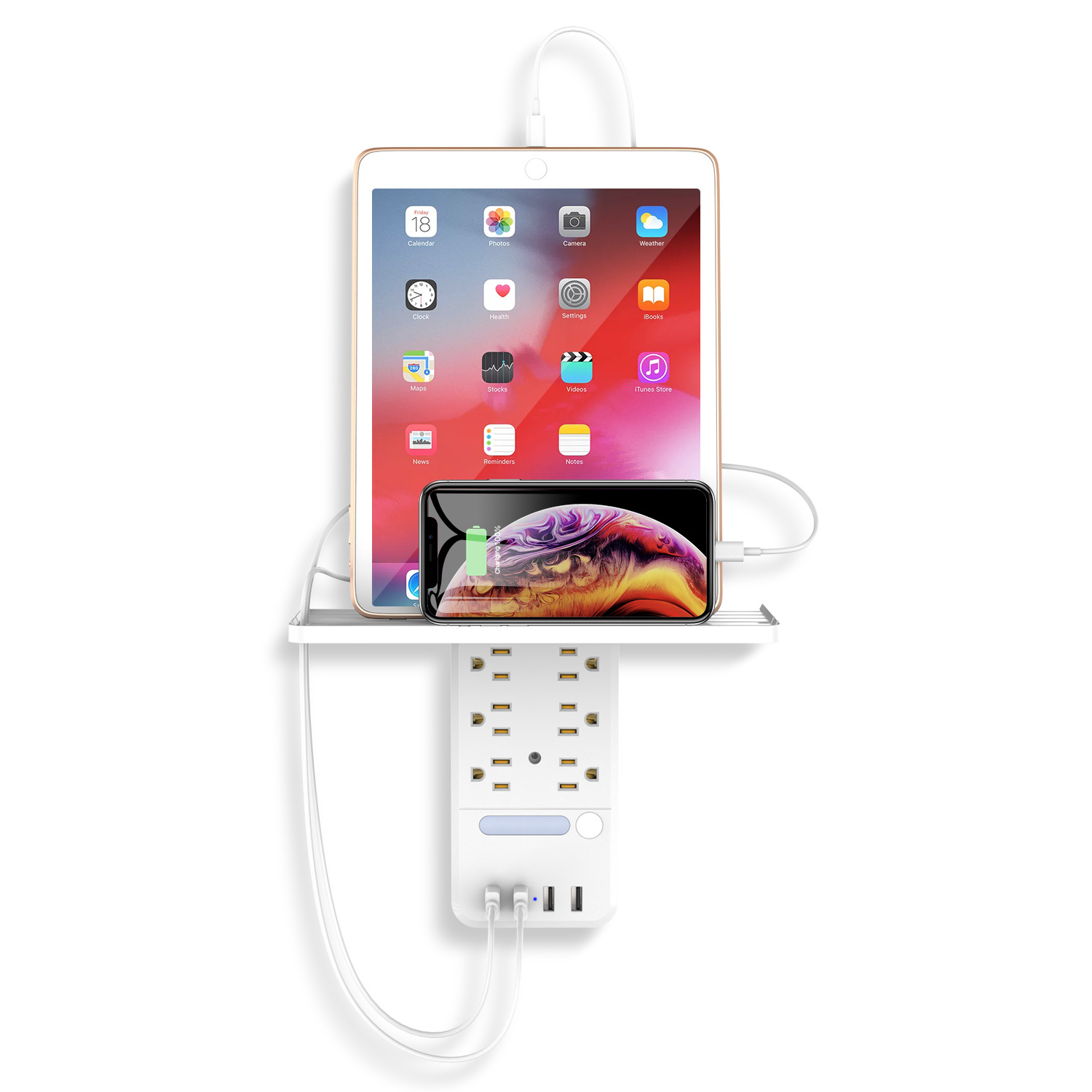 Newest White Surge Protector 6 Outlets 4 USB Ports Smart Wall Socket with Shelf with Night Light