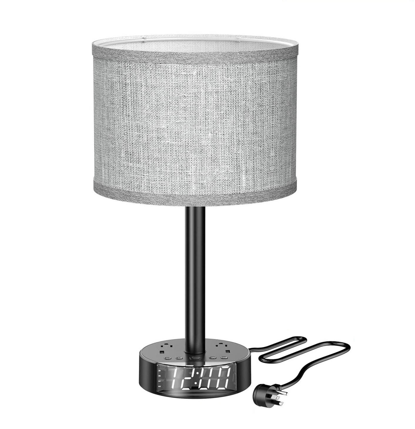 Gray Shade 3 Way Dimmable Bedside Led Table Lamp Charging Station Smart Desk Touch Lamp With Alarm Clock Usb Ports And Outlets