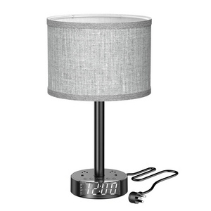 Gray Shade 3 Way Dimmable Bedside Led Table Lamp Charging Station Smart Desk Touch Lamp With Alarm Clock Usb Ports And Outlets