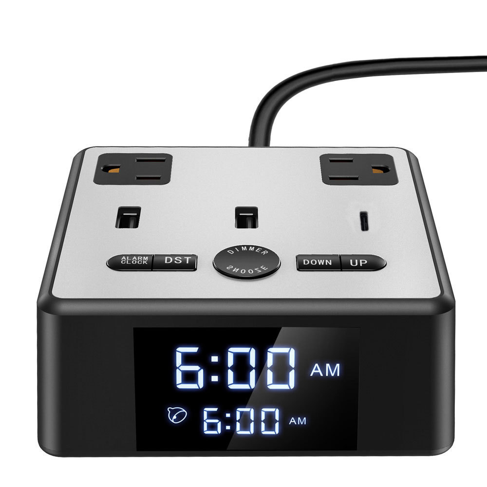 USB Charging Ports AC Power Outlets Alarm Clock Battery Backup for Bedroom Office Hotel Guest Room Office KidsHeavy Sleepers