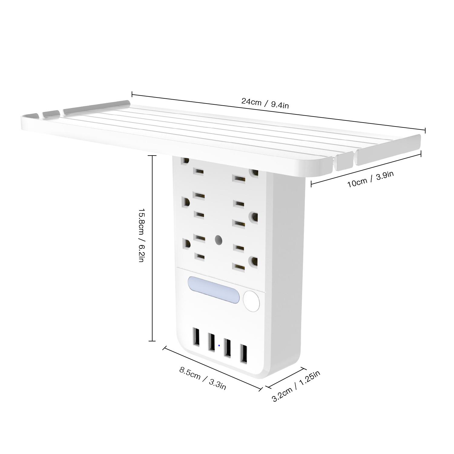 Newest White Surge Protector 6 Outlets 4 USB Ports Smart Wall Socket with Shelf with Night Light