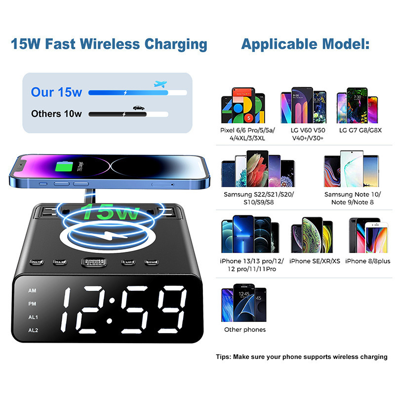 hotel guest room table bedside clock with phone charger ac outlet alarm clock with fast wireless charger 15w