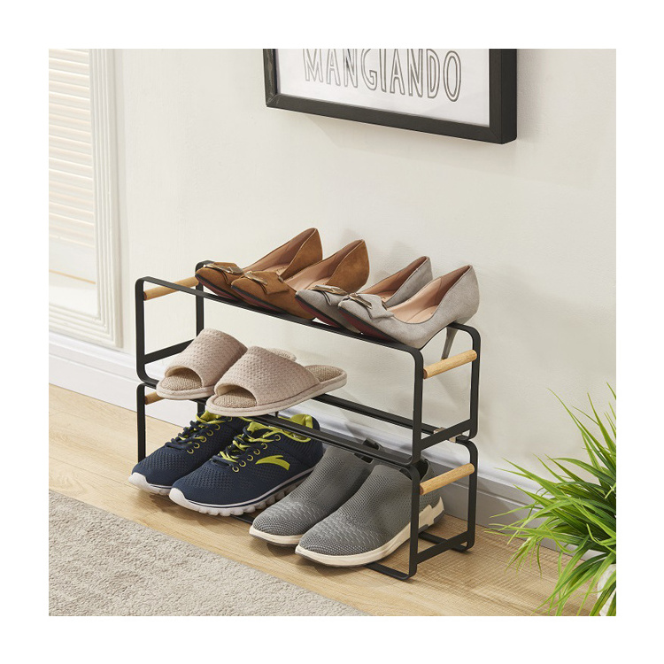 Multi-Layer Stackable Metal Wire Shoes Storage Rack With Wood Handle