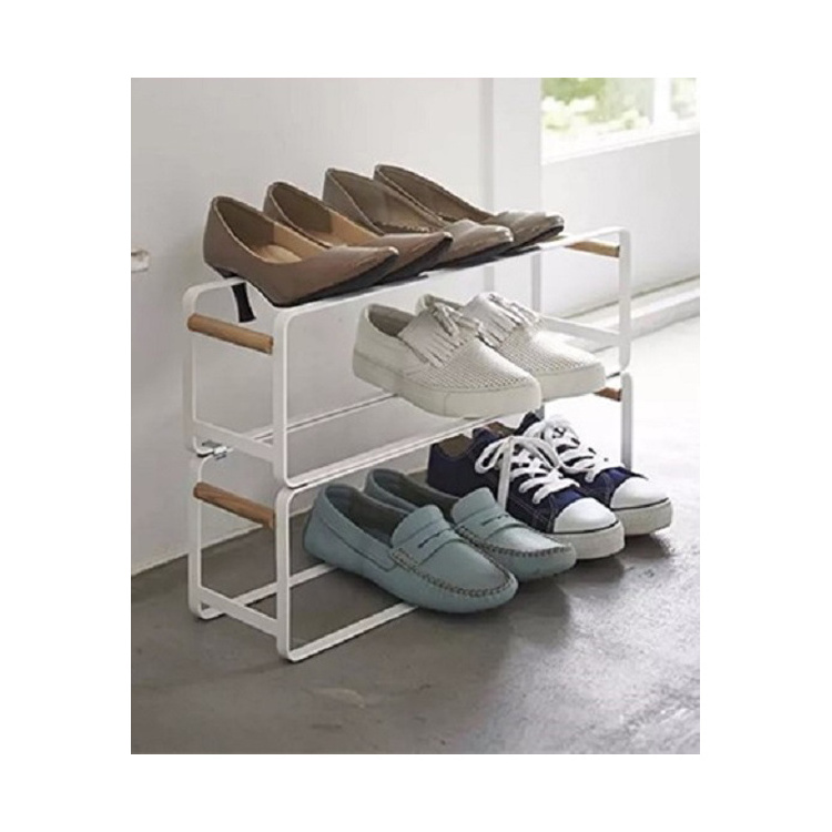 Multi-Layer Stackable Metal Wire Shoes Storage Rack With Wood Handle