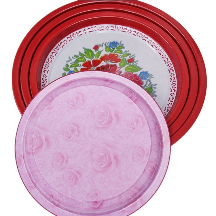 25-55cm Wholesale Round Stainless Steel Tray Imitation Enamel Printed Dinner Plates Dishes Set