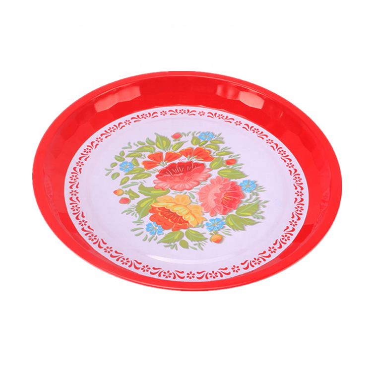 25-55cm Wholesale Round Stainless Steel Tray Imitation Enamel Printed Dinner Plates Dishes Set