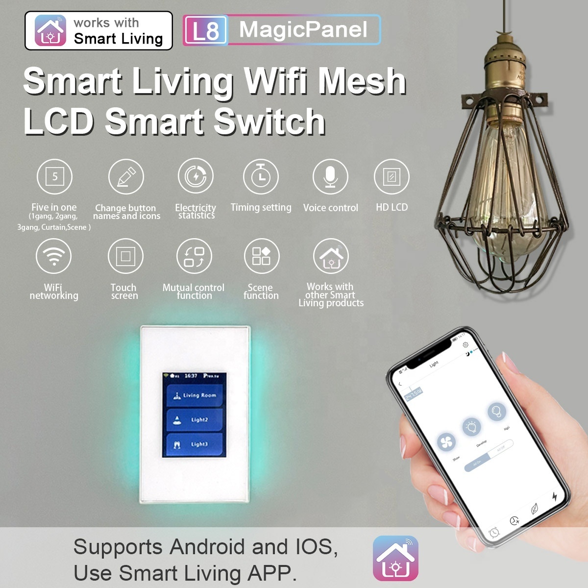 New lanbon LCD L8 switch work with google home and alexa voice control wifi smart switch Tuya/smart life smart home system