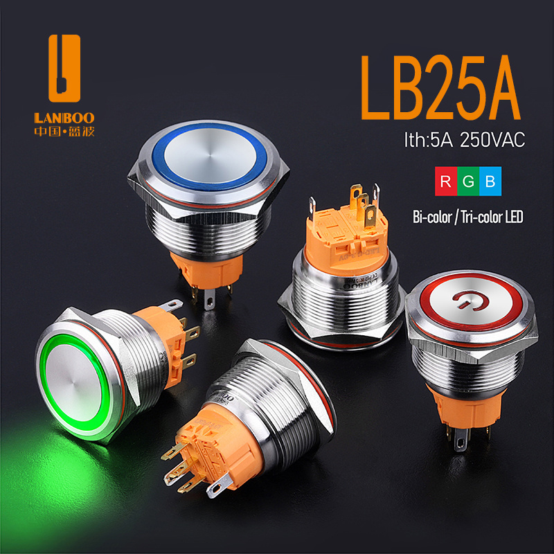 LANBOO  25/30mm Bi-color RGB LED Metal Push Button Switch Momentary Latching Waterpoof 2no2nc Button On Off Stainless Steel