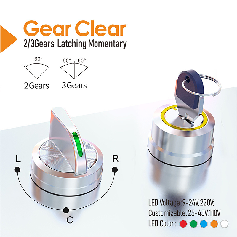 LANBOO 19 22mm Quick-plug  On-Off Lock Key Switch 2/3 Positions 1NO1NC Stainless Steel Selector Rotary Button Switch 2NO2NC