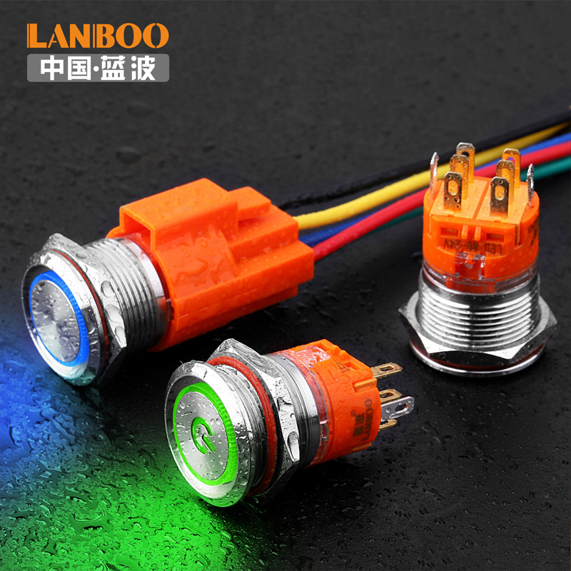 LANBOO 19mm DPDT 1NO1NC 2NO2NC 12V Blue Red Green Led Illuminated Waterproof Machine on off Push Button Switch 8 Pin