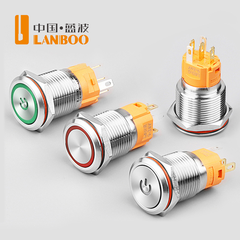 LANBOO 16/19A 16/19mm flat symbol Led Lighted Momentary or Latching Metal push button switch with IP65