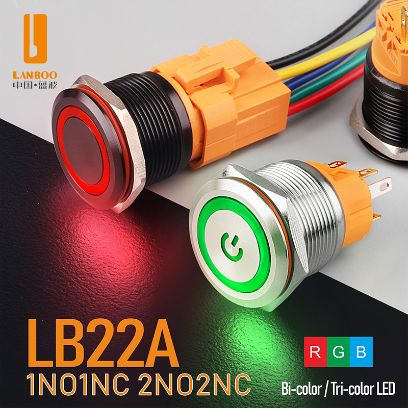 LANBOO 22mm 1NO1NC/2NO2NC Plat Head Push Button Switch With Without LED