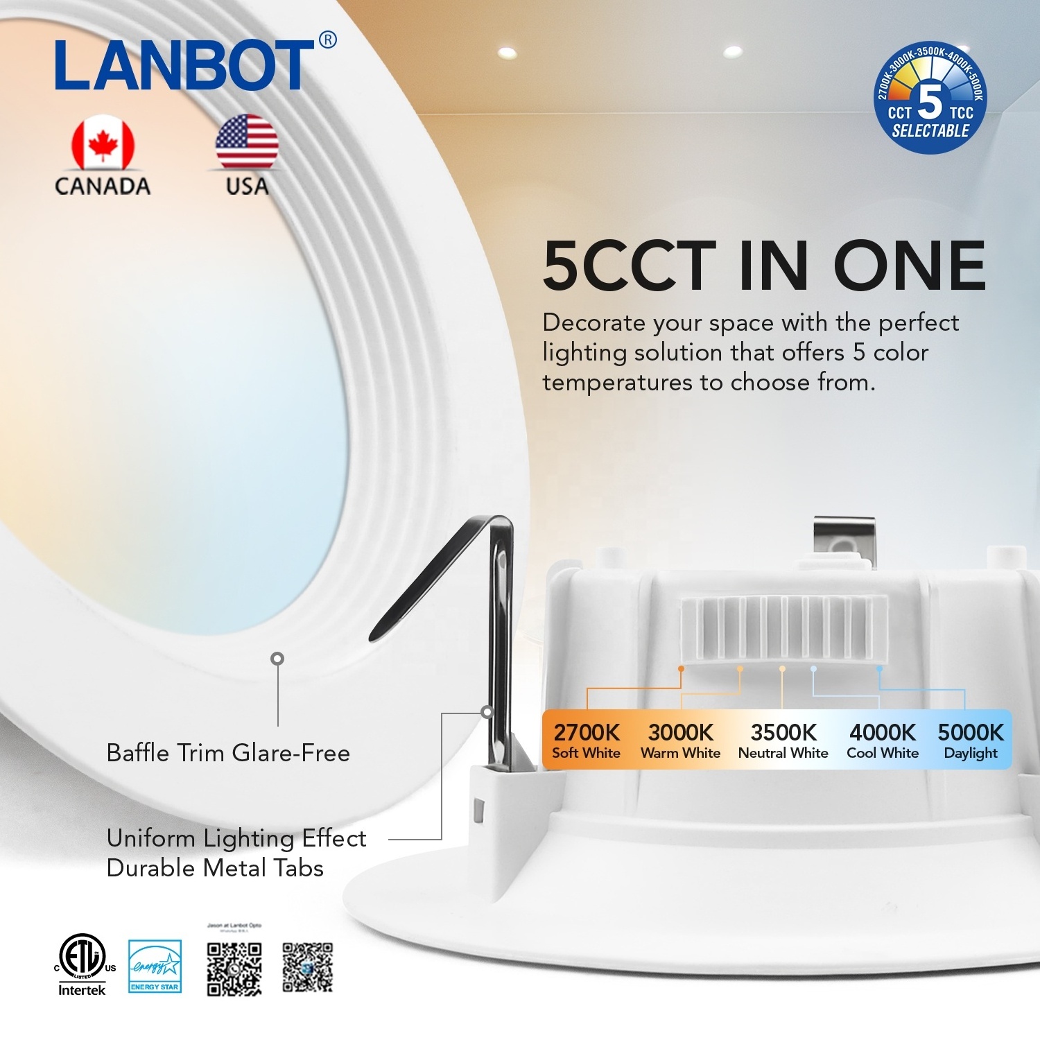 Lanbot Jason ETL ES 4/6 Inch Recessed LED Retrofit Downlight Cct Adjustable Color Led Can Light For Amazing Sellers