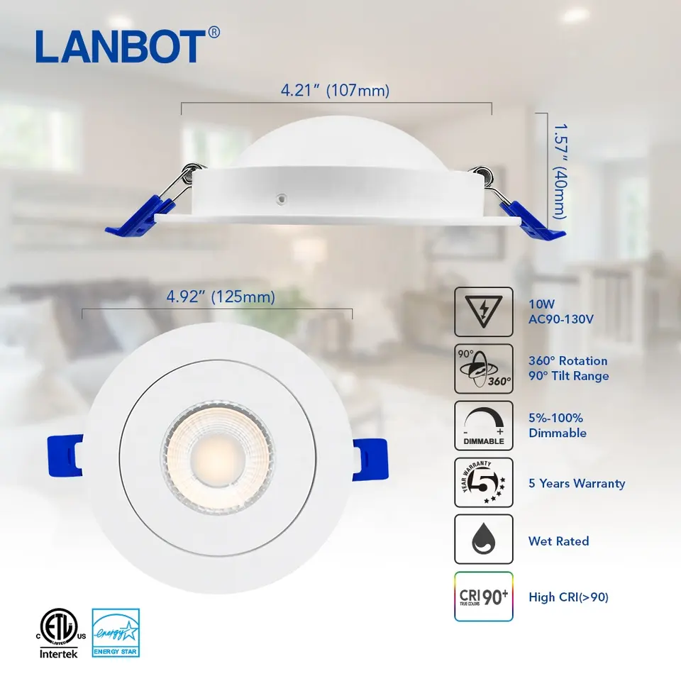 ETL Listed Recessed Ceiling Lights 9W 4 Inch 5CCT Adjustable Eyeball LED Pot Light Gimbal