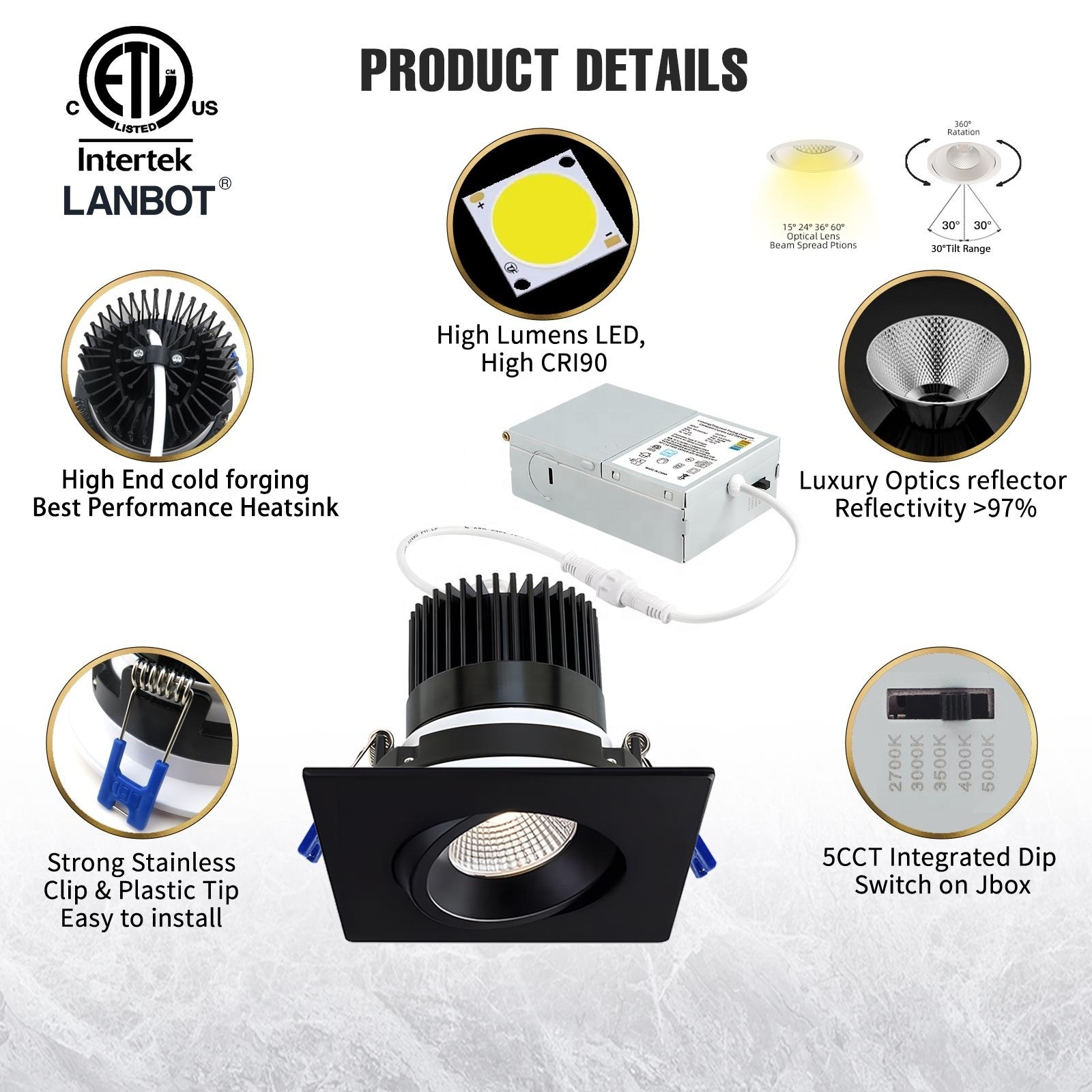 LANBOT New product 6 inch 3CCT Dimmable 1500LM IC Rated IP54 Wet Location Led Eyeball Gimbal Light for Living Room