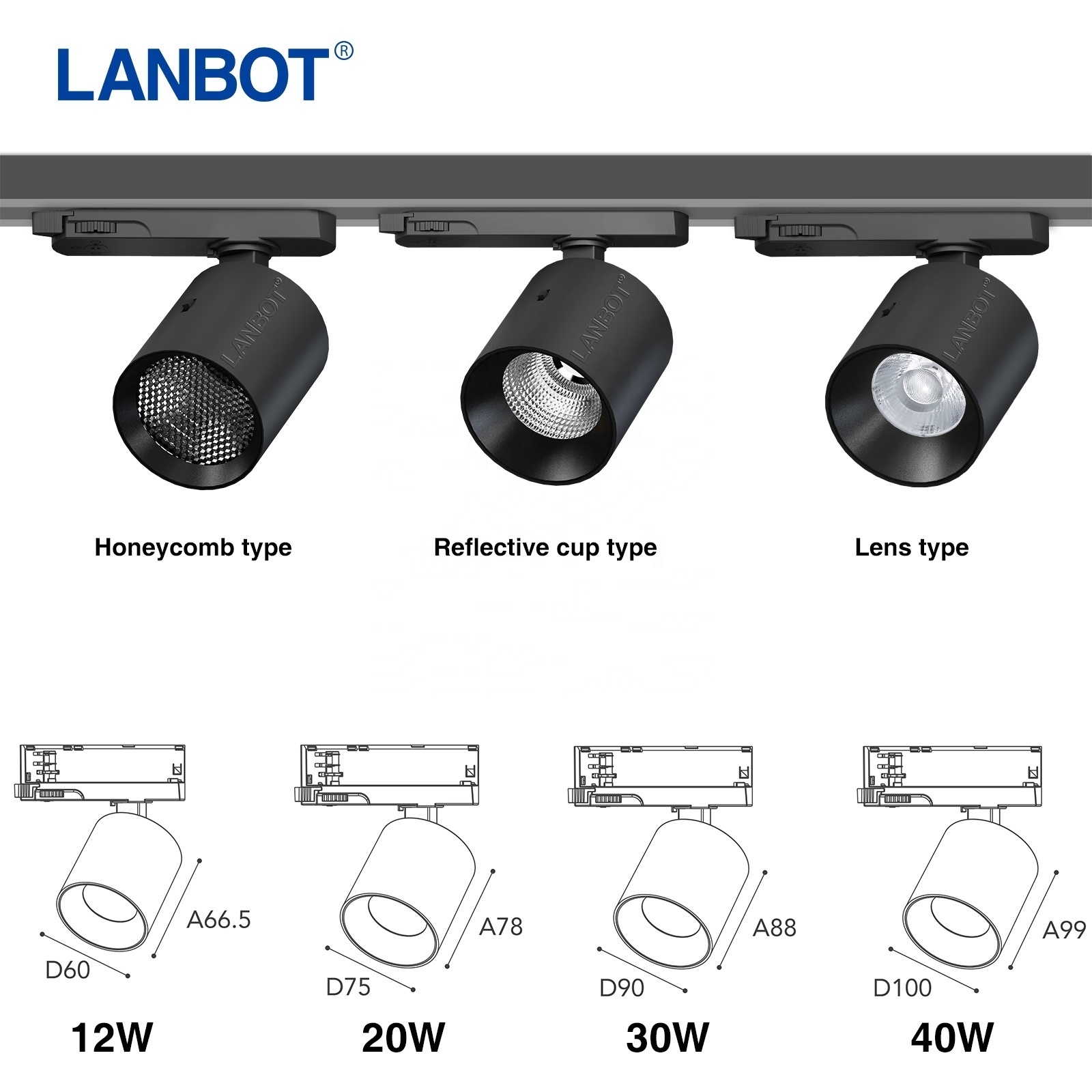 Single phase 3/4-wire CRI90 anti glare flicker free adapter combined 12W-40W COB LED track light