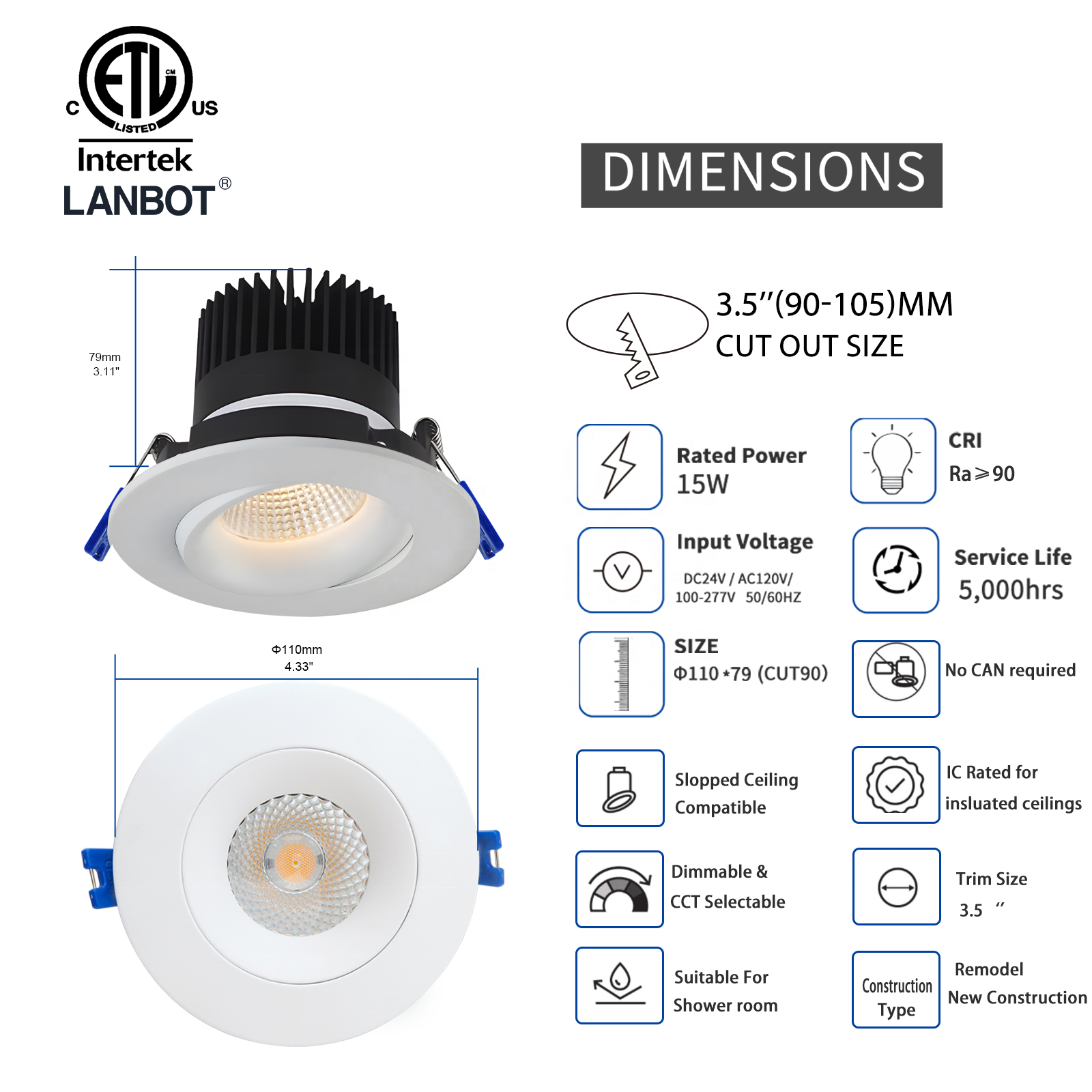 Wet Location 3.5 Inch Etl Us Standard 3cct 5cct Selectable Gimbal Led Recessed Ceiling Down Light With Junction Box