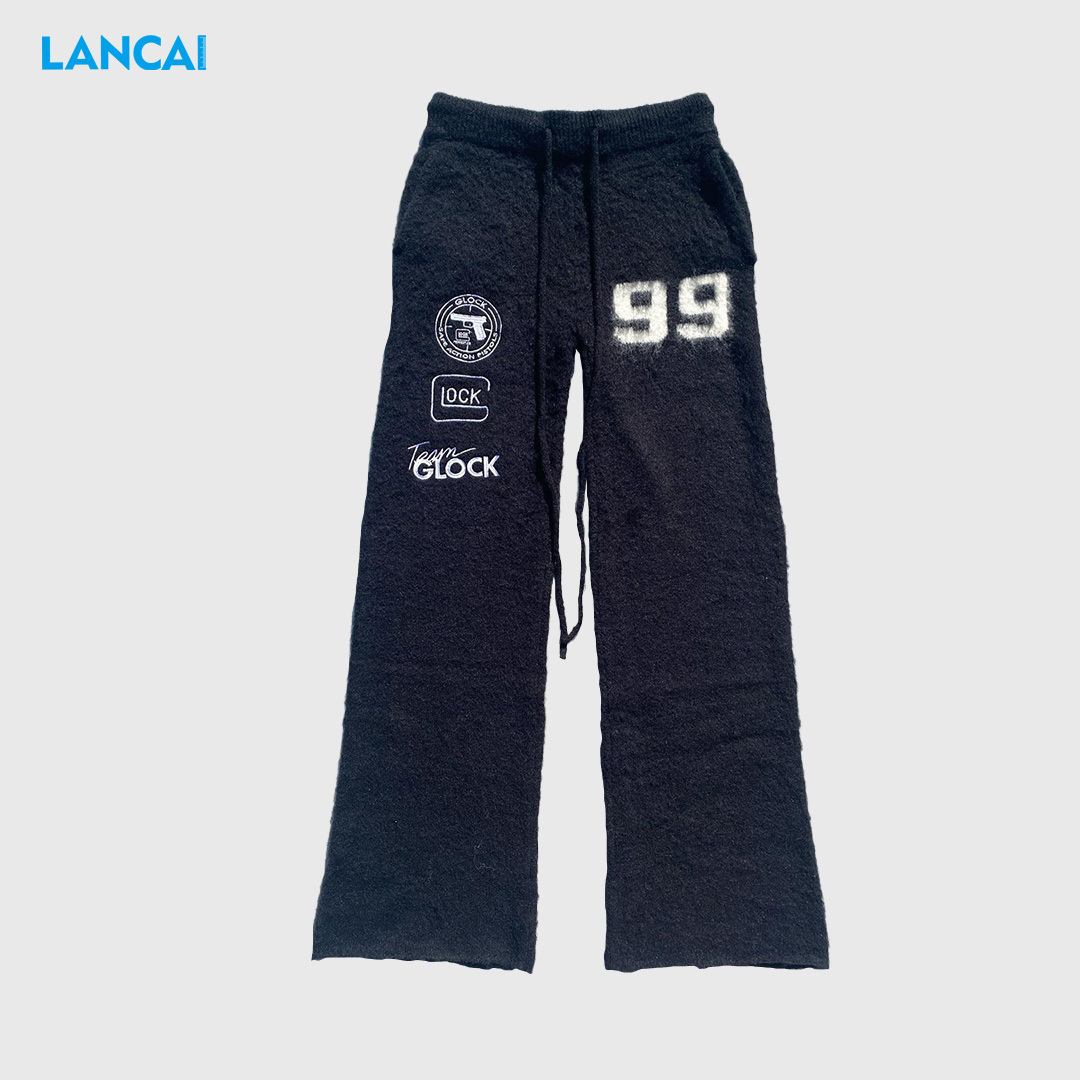 Wholesale custom men number letter jacquard pattern mohair Sweatpants fuzzy brushed mohair flare pants