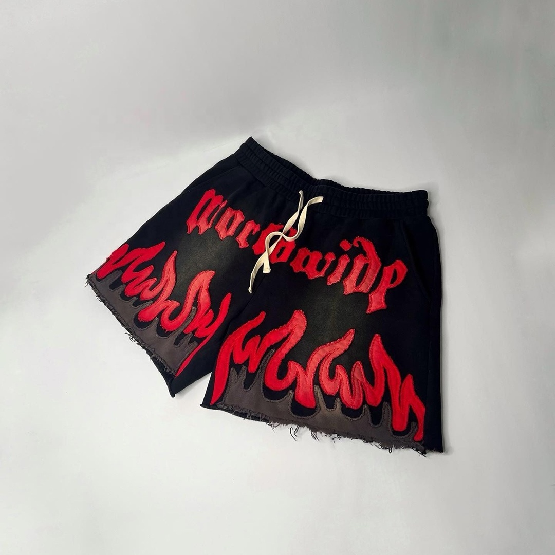 Street Wear Vintage Monkey Washed Cotton French Terry Patch Embroidery Men's Shorts with Drawstring acid wash shorts