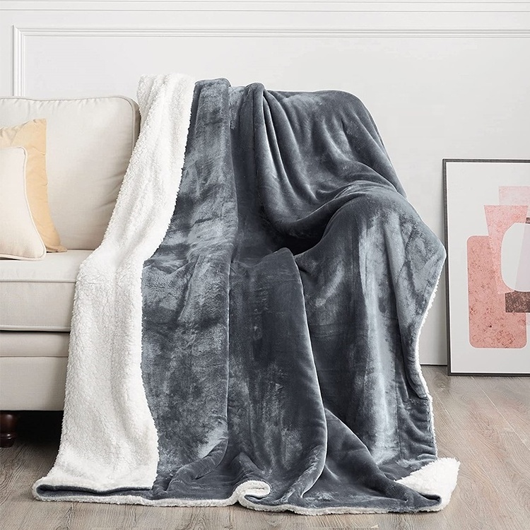 Wholesale super soft luxurious double ply gray plush blanket flannel sherpa blanket for winter