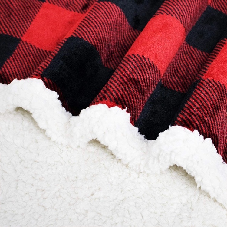 Red black buffalo plaid super soft fleece sherpa blanket printed christmas fleece blanket