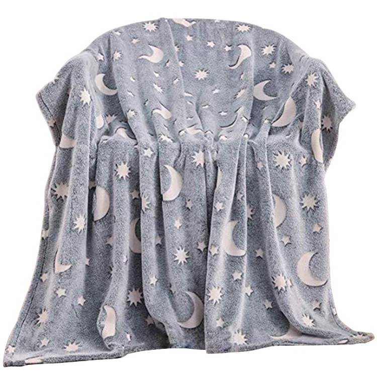 Grey moon star soft plush throw flannel blanket glow in the dark fleece blanket for kids