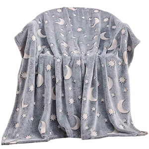 Grey moon star soft plush throw flannel blanket glow in the dark fleece blanket for kids