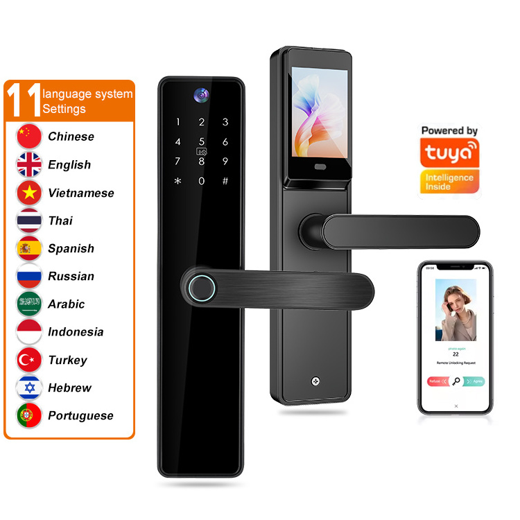 Hot Sale Waterproof Digital Keyless Fingerprint Lock Face Recognition Smart Door Lock  Built-in Screen Camera