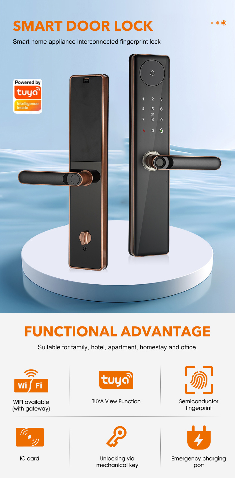 High Performance Waterproof Digital Door Lock Tuya WiFi Code IC Card Smartphone App Unlock Biometric Fingerprint Smart Door Lock