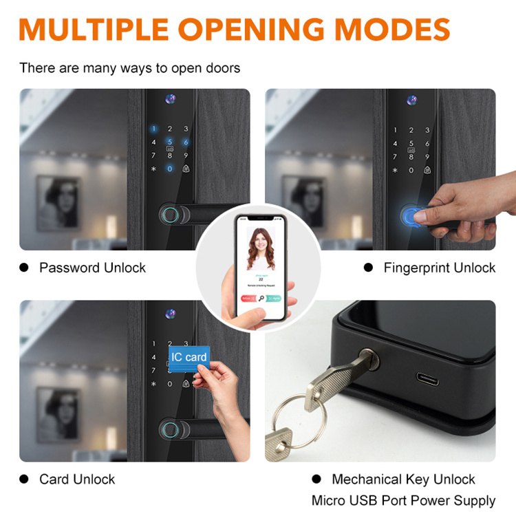 Fully Automatic Tuya Wifi Password Smart Digital Door Lock with Camera Card PIN Code Fingerprint Door Lock