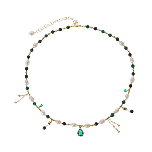 Summer Beaded Cz Tassel Necklace New Design 18k Gold Plated Stainless Steel Bead Natural Pearl Malachite Beaded Necklace