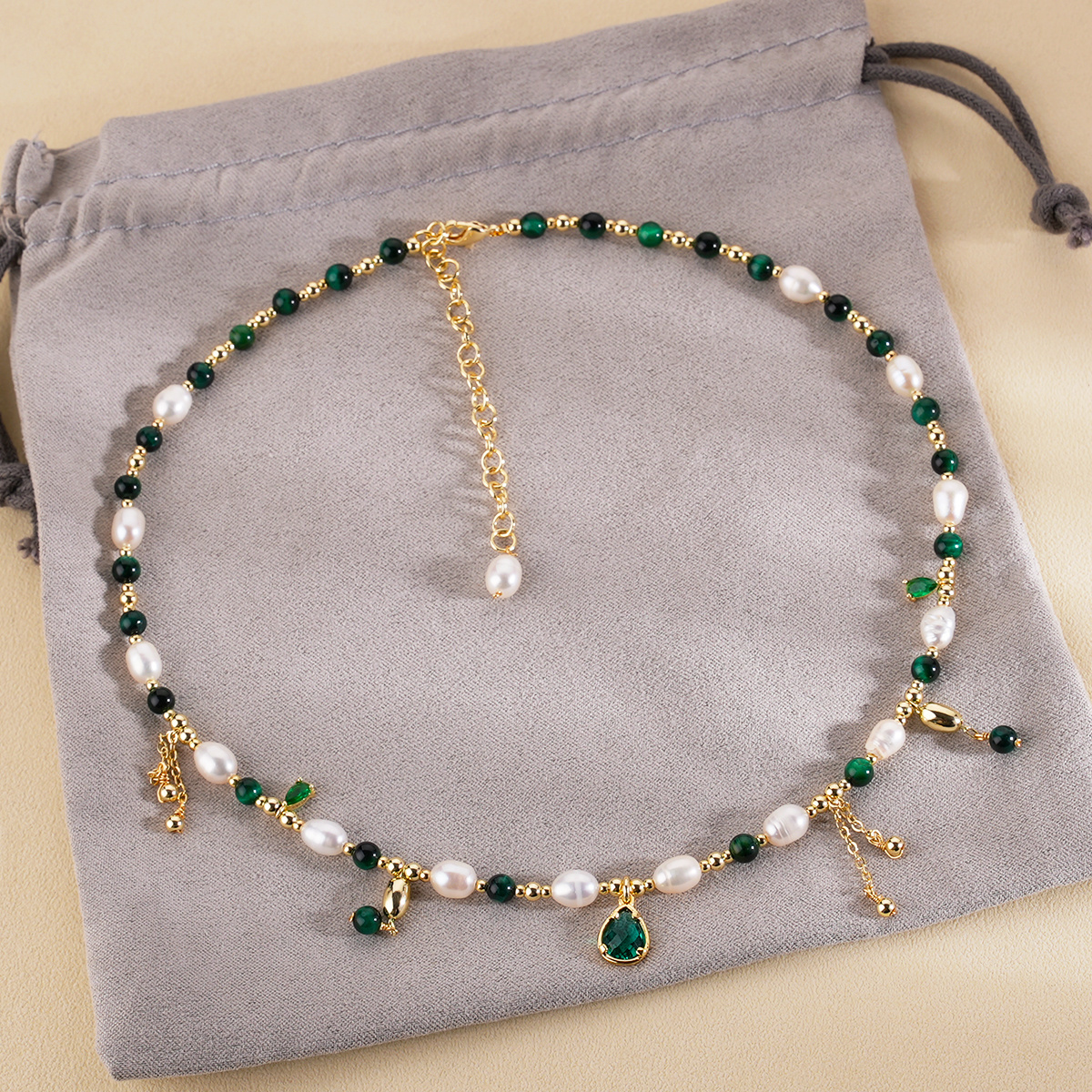 Summer Beaded Cz Tassel Necklace New Design 18k Gold Plated Stainless Steel Bead Natural Pearl Malachite Beaded Necklace