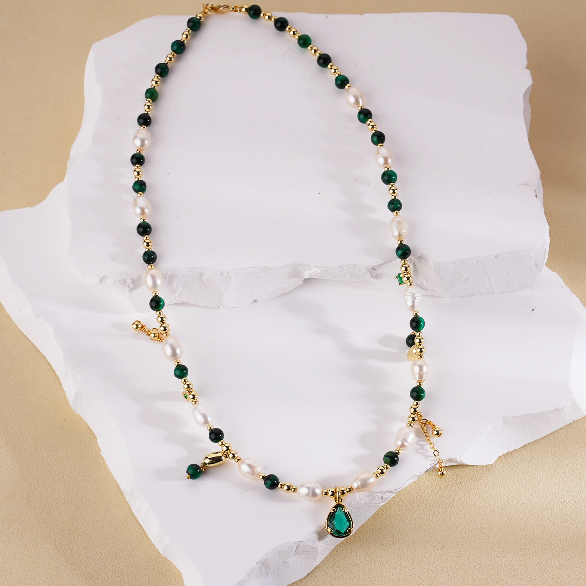 Summer Beaded Cz Tassel Necklace New Design 18k Gold Plated Stainless Steel Bead Natural Pearl Malachite Beaded Necklace