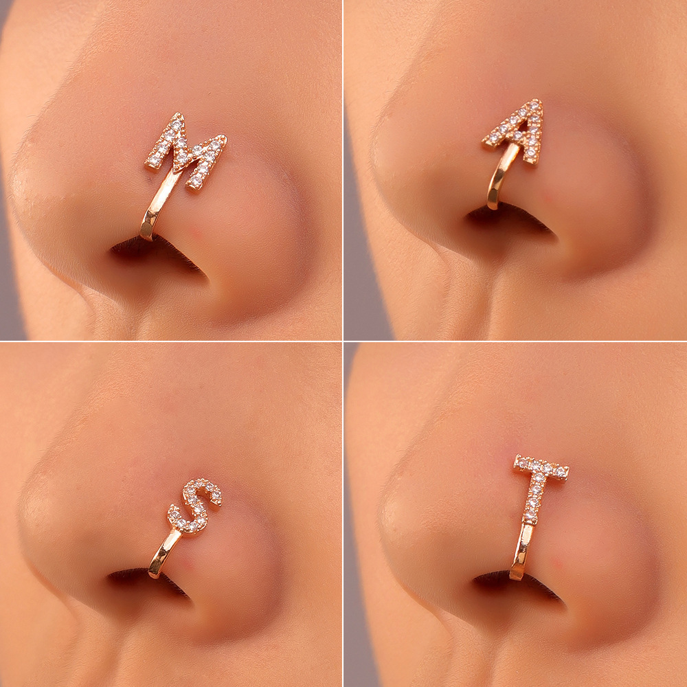 Trendy Jewelry Free Sample Punk 1Pcs Brass CZ A-Z Alphabet Gold Fake Piercing Clip Initial Letter Nose Rings For Women