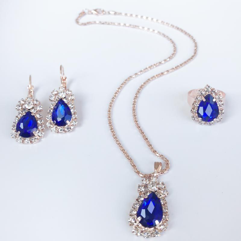 Cheap Dubai Bridal Wedding Gold Ensembles Bijoux Princess Neckalce/Earrings/Ring Crystal Blue Stone Waterdrop Jewelry Set