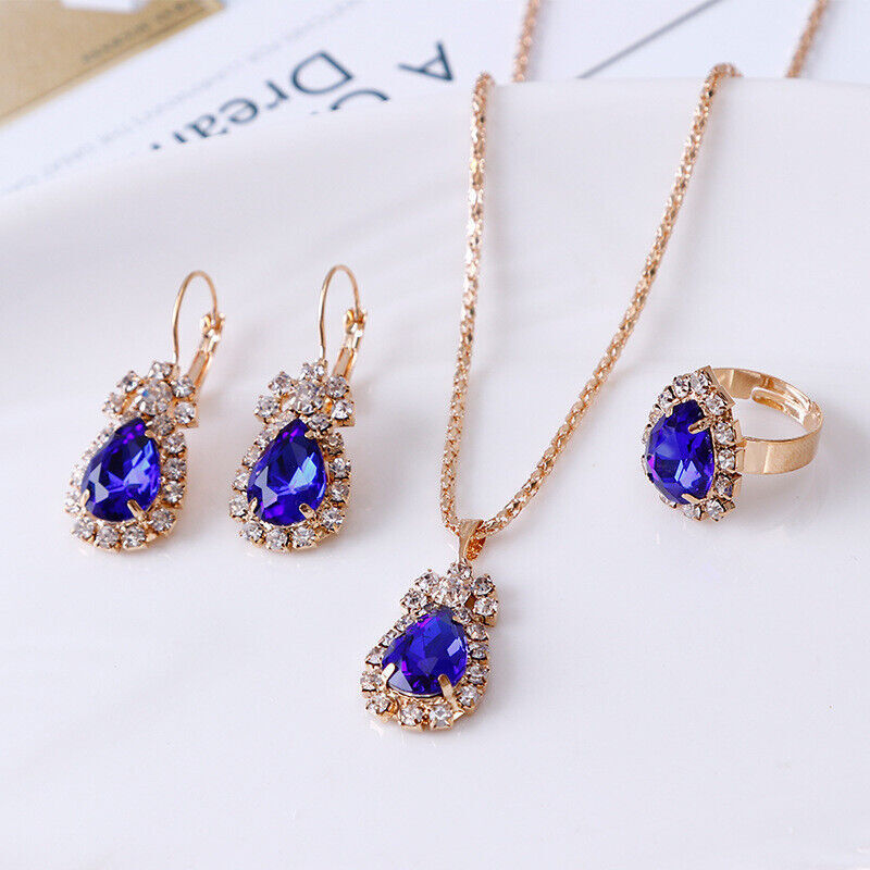 Cheap Dubai Bridal Wedding Gold Ensembles Bijoux Princess Neckalce/Earrings/Ring Crystal Blue Stone Waterdrop Jewelry Set